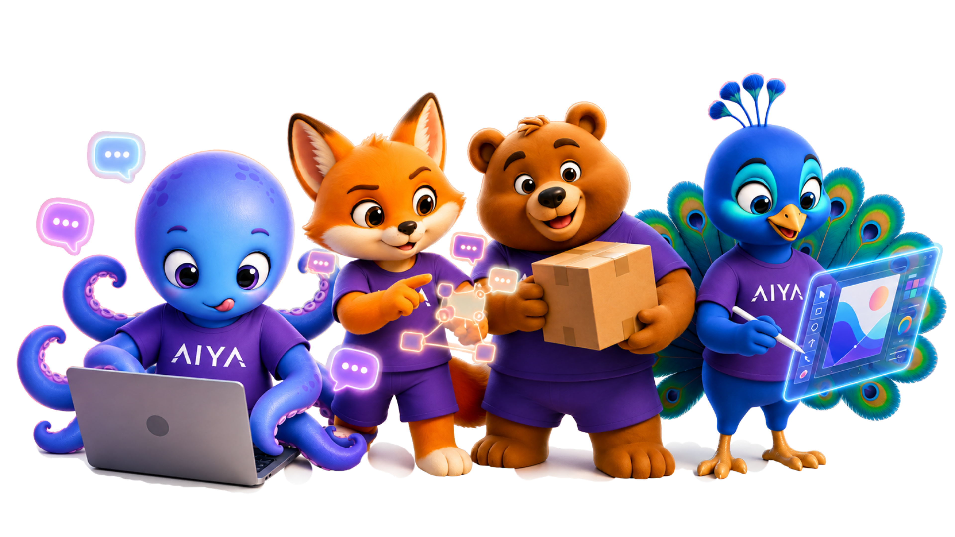 AIYA mascots — หมึก จิ้งจอก หมี นกยูง